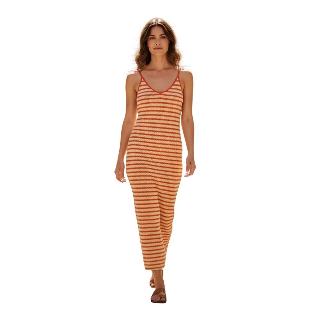 Double Zero Striped Crochet Knit Maxi Dress Orange Yellow V-Neck Small Boho